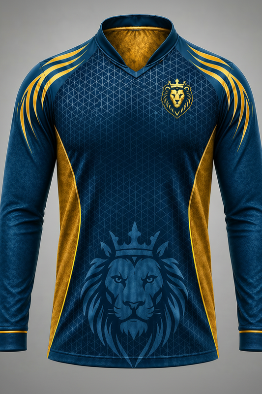 Blue and gold cricket club jersey with lion emblem on a gray background