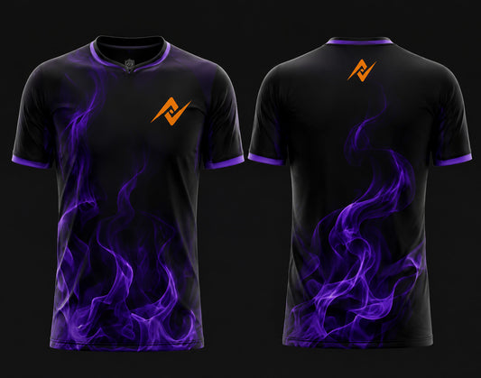 Front and back view of Phantom Blaze Free Fire esports jersey featuring black and purple flame graphics with round neck collar and orange logo placement on chest and upper back neck.