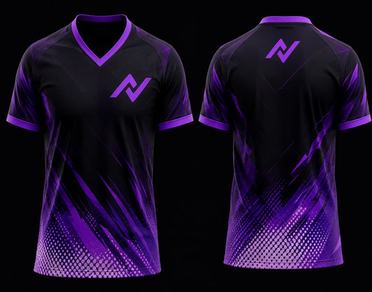 Front and back mockup of a black and purple V-neck esports jersey featuring gradient brush-stroke graphics, halftone texture, chest logo, and back neck logo.