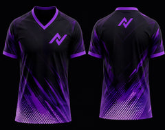 Front and back mockup of a black and purple V-neck esports jersey featuring gradient brush-stroke graphics, halftone texture, chest logo, and back neck logo.