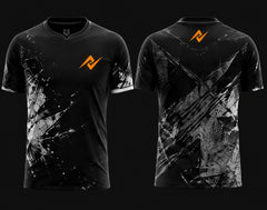 Front and back view of Phantom Monochrome Free Fire esports jersey featuring black and white paint splash graphics with round neck collar and orange logo placement on chest and upper back neck.