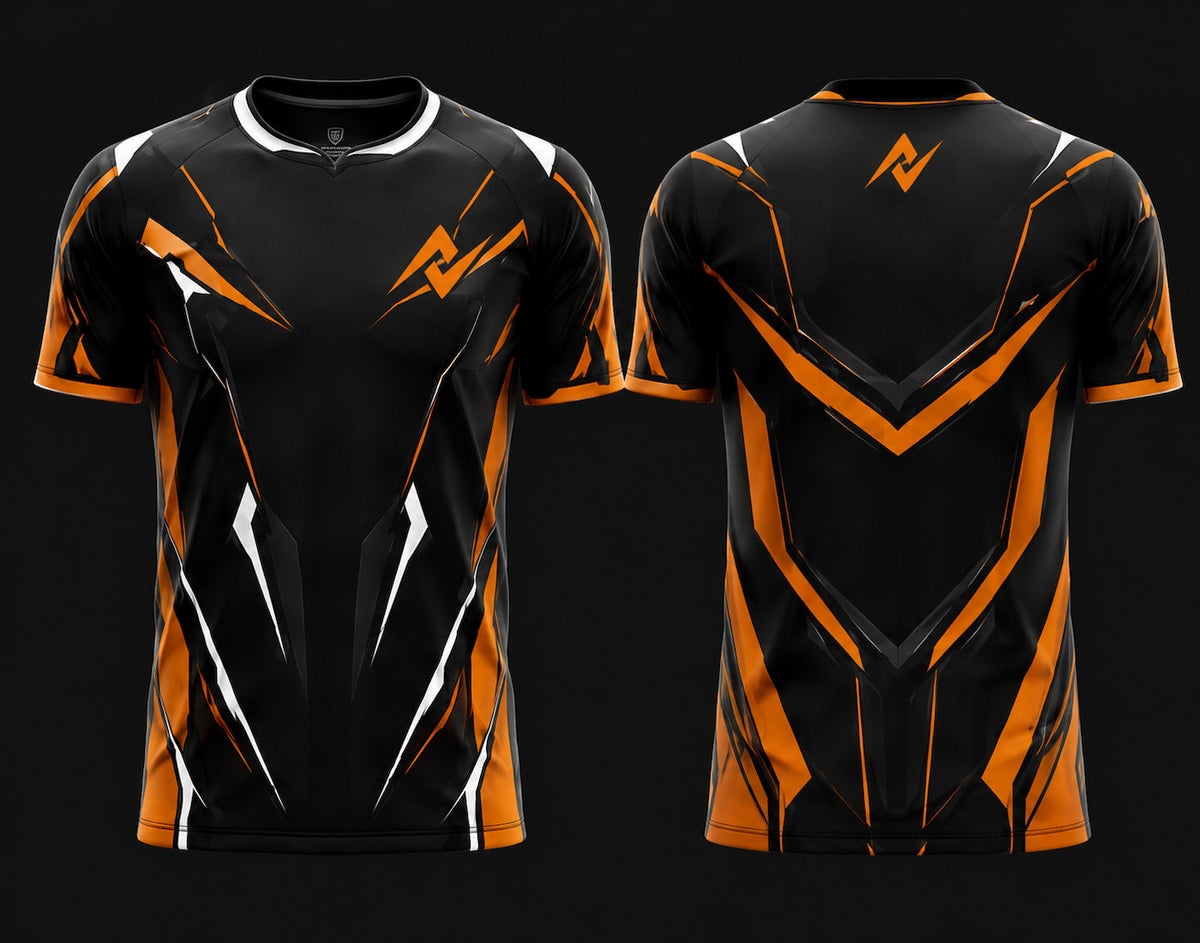 Front and back view of Phoenix Edge Free Fire esports jersey featuring black, orange, and white futuristic graphics with round neck collar and orange logo placement on chest and upper back neck.