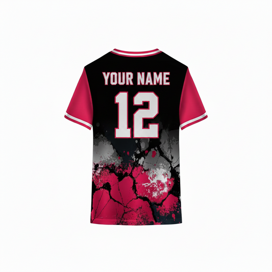 Pink and black custom sports jersey back view with cracked grunge splash pattern design for cricket football volleyball and esports team uniforms by NextPrint
