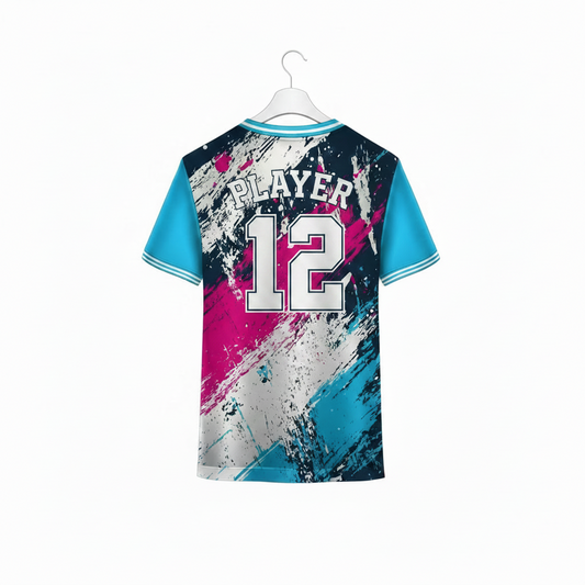 Pink blue and white custom sports jersey back view with grunge brush stroke splash design for cricket football volleyball and esports teams by NextPrint