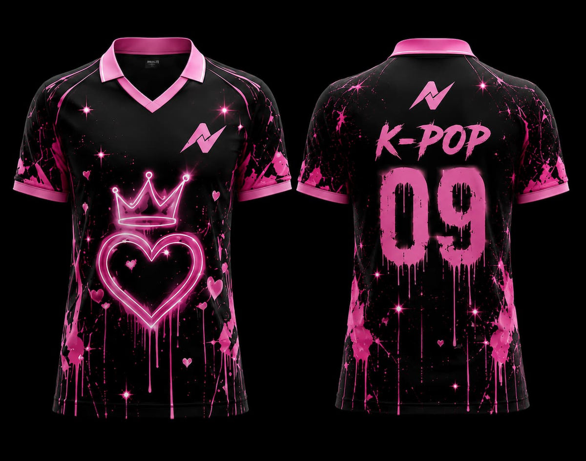 Pink Crown K-Pop V Neck Polo Collar Jersey in black and neon pink featuring a glowing crown heart design with front and back views.