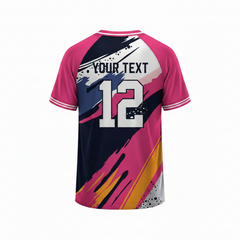 Pink and navy sports t-shirt back design with abstract brushstroke graphics for custom sublimation cricket and football team jersey printing by NextPrint India.