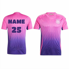 Front and back view of a pink and purple gradient football jersey with geometric fade pattern and customizable name and number, designed for soccer teams, training sessions, and match-day performance.
