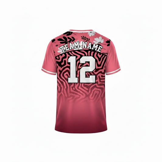 Pink abstract sports jersey with floral and maze pattern design