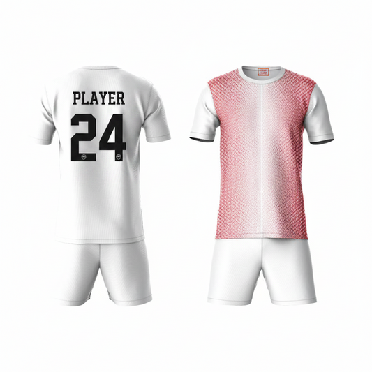 Pink white activewear t-shirt with white shorts back view