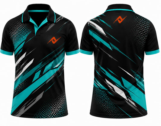 Premium black aqua velocity cricket jersey front and back with orange logo on left chest and upper back, V-neck polo collar sublimation sports jersey