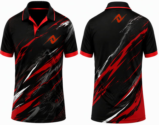 Premium black crimson Firewave cricket jersey front and back with orange logo on left chest and upper back, V-neck polo collar sublimation sports jersey