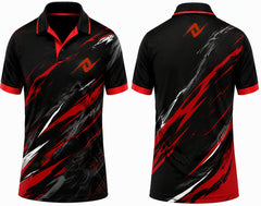 Premium black crimson Firewave cricket jersey front and back with orange logo on left chest and upper back, V-neck polo collar sublimation sports jersey