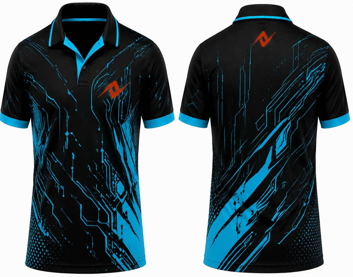 Premium black cyan Cyber Circuit cricket jersey front and back with orange logo on left chest and upper back, V-neck polo collar sublimation sports jersey