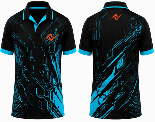 Premium black cyan Cyber Pulse cricket jersey front and back with orange logo on left chest and upper back, futuristic circuit graphics, V-neck polo collar sublimation sports jersey
