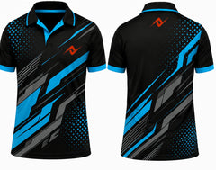 Premium black electric blue vector cricket jersey front and back with orange logo on left chest and upper back, V-neck polo collar sublimation sports jersey