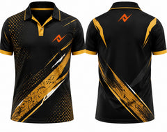 Premium black and gold elite cricket jersey front and back with orange logo on left chest and upper back, V-neck polo collar sublimation sports jersey