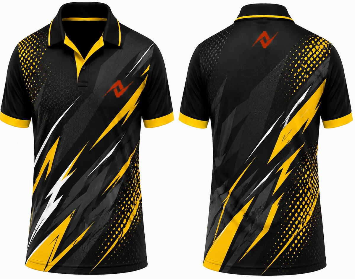 Premium black gold Lightning Elite cricket jersey front and back with orange logo on left chest and upper back, V-neck polo collar sublimation sports jersey