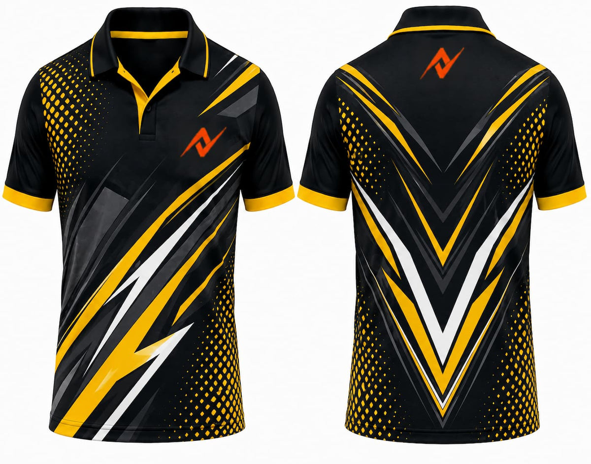 Premium black and gold lightning cricket jersey front and back with orange logo on side chest and upper back, V-neck polo collar sublimation sports jersey