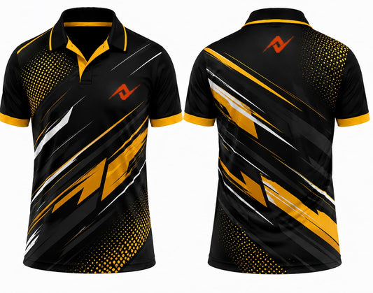 Premium black gold strike cricket jersey front and back with orange logo on left chest and upper back, V-neck polo collar sublimation sports jersey