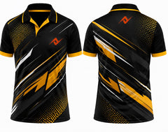 Premium black gold strike cricket jersey front and back with orange logo on left chest and upper back, V-neck polo collar sublimation sports jersey