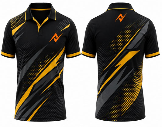 Premium black and gold cricket jersey front and back with orange logo on side chest and upper back, V-neck polo collar sublimation sports jersey