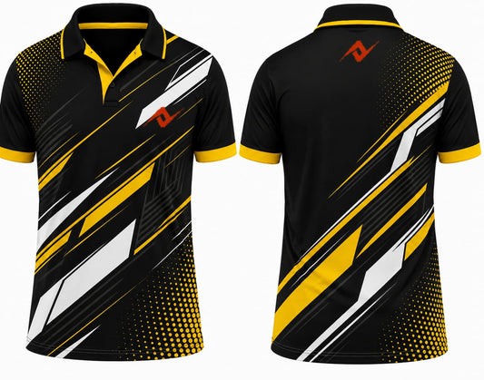 Premium black gold Velocity Pro cricket jersey front and back with orange logo on left chest and upper back, V-neck polo collar sublimation sports jersey