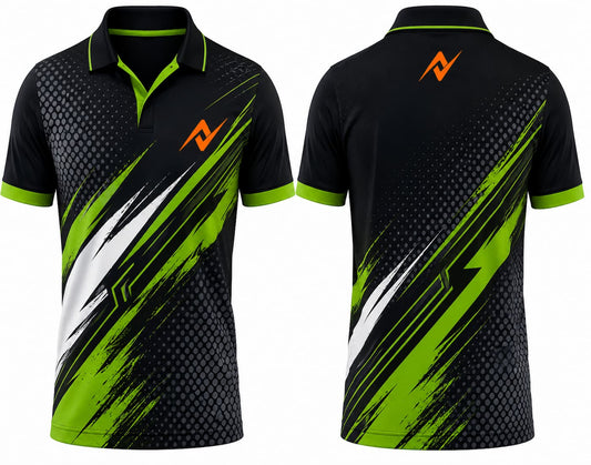 Premium black and lime green cricket jersey front and back with orange logo on side chest and upper back, V-neck polo collar sublimation sports jersey