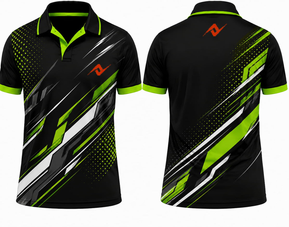 Premium black neon green Apex cricket jersey front and back with orange logo on left chest and upper back, V-neck polo collar sublimation sports jersey