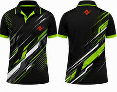 Premium black neon green Apex cricket jersey front and back with orange logo on left chest and upper back, V-neck polo collar sublimation sports jersey