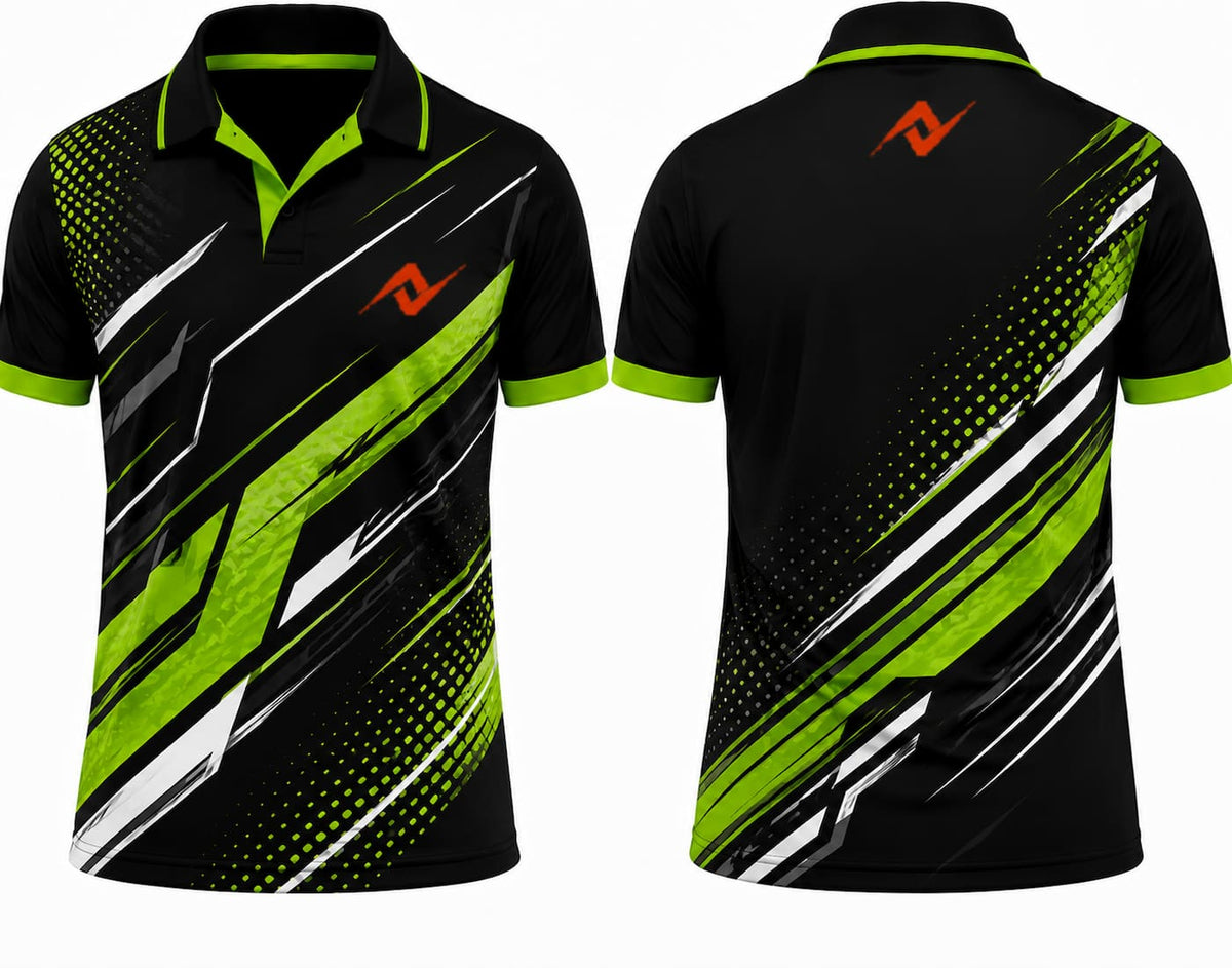 Premium black neon green fusion cricket jersey front and back with orange logo on left chest and upper back, V-neck polo collar sublimation sports jersey