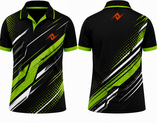 Premium black neon green fusion cricket jersey front and back with orange logo on left chest and upper back, V-neck polo collar sublimation sports jersey