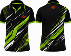 Premium black neon green fusion cricket jersey front and back with orange logo on left chest and upper back, V-neck polo collar sublimation sports jersey