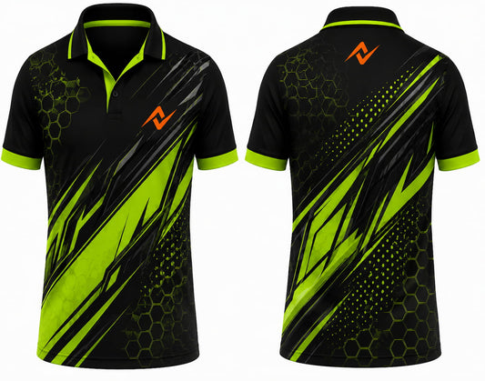 Premium black neon green Matrix Edge cricket jersey front and back with orange logo on left chest and upper back, honeycomb geometric design, V-neck polo collar sublimation sports jersey