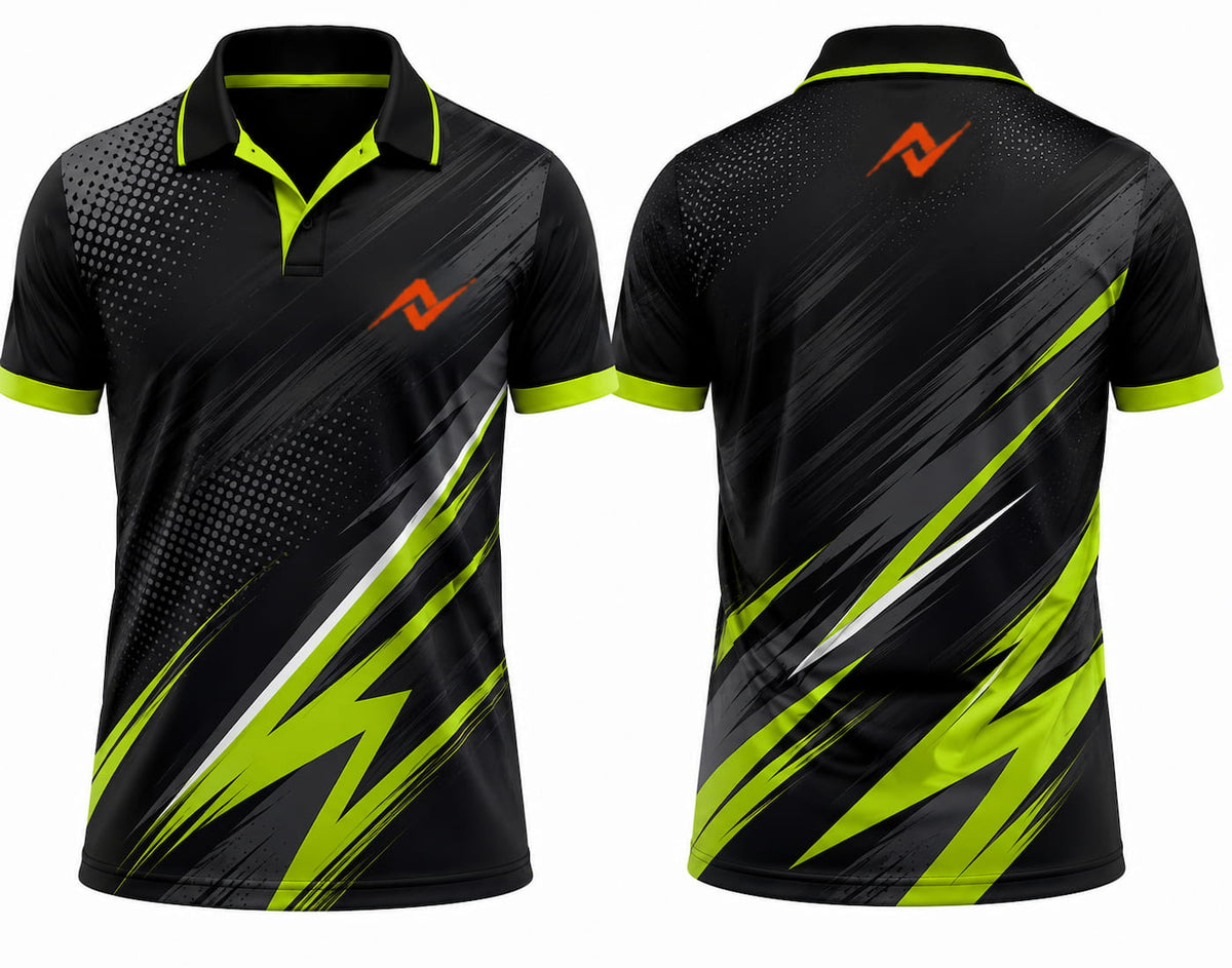 Premium black neon lime thunder cricket jersey front and back with orange logo on left chest and upper back, V-neck polo collar sublimation sports jersey