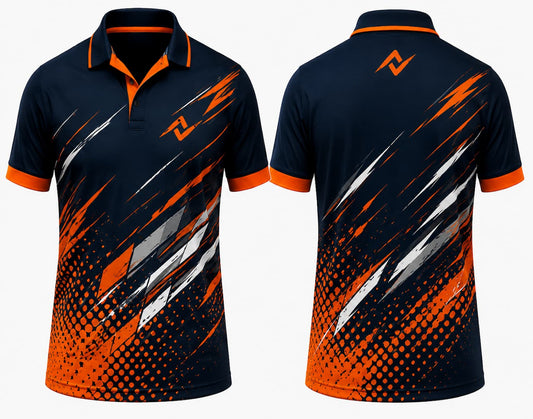 Premium black orange Velocity Storm cricket jersey front and back with orange chest logo, orange collar and sleeve cuffs, silver speed streak graphics, V-neck polo collar sublimation cricket jersey