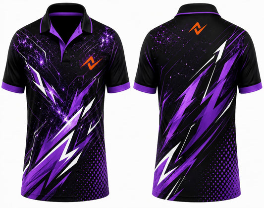 Premium black purple Galaxy Storm cricket jersey front and back with orange logo on left chest and upper back, cosmic lightning graphics, V-neck polo collar sublimation sports jersey