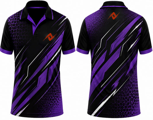Premium black purple Galaxy Strike cricket jersey front and back with orange logo on left chest and upper back, V-neck polo collar sublimation sports jersey