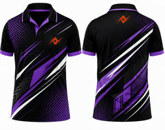 Premium black purple phantom cricket jersey front and back with orange logo on left chest and upper back, V-neck polo collar sublimation sports jersey