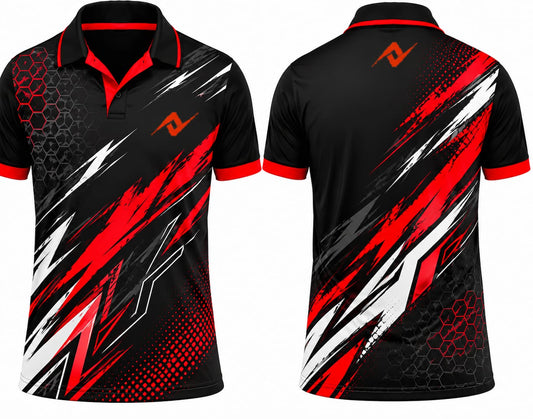Premium black red inferno cricket jersey front and back with orange logo on left chest and upper back, V-neck polo collar sublimation sports jersey