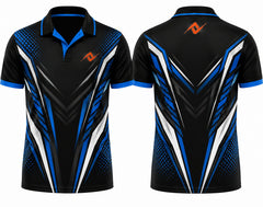 Premium black royal blue Vortex Pro cricket jersey front and back with orange logo on left chest and upper back, V-neck polo collar sublimation sports jersey