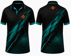 Premium black teal Velocity Edge cricket jersey front and back with orange logo on left chest and upper back, teal diagonal brush graphics, V-neck polo collar sublimation sports jersey