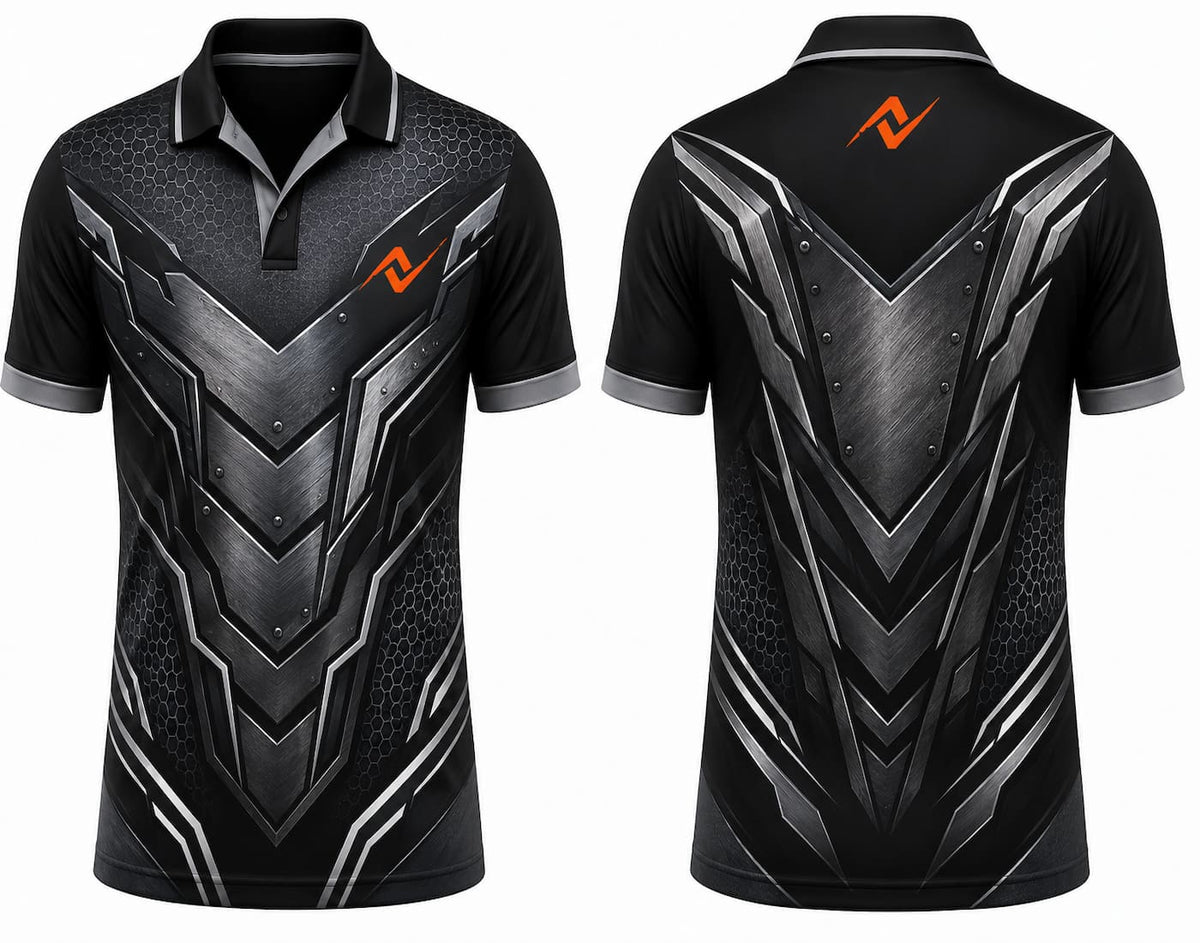 Premium black titanium armor cricket jersey front and back with orange logo on left chest and upper back, brushed metal geometric design, V-neck polo collar sublimation sports jersey