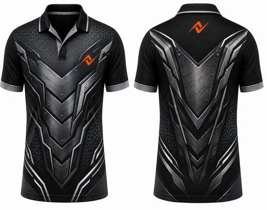 Premium black titanium armor cricket jersey front and back with orange logo on left chest and upper back, brushed metal geometric design, V-neck polo collar sublimation sports jersey