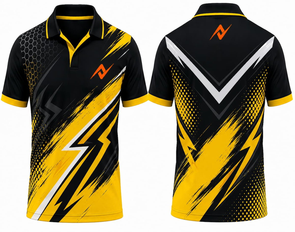 Premium black and yellow cricket jersey front and back with orange logo on side chest and upper back, V-neck polo collar sublimation sports jersey