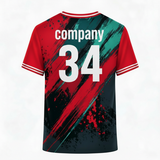 Red and green custom sports jersey with abstract brush stroke design