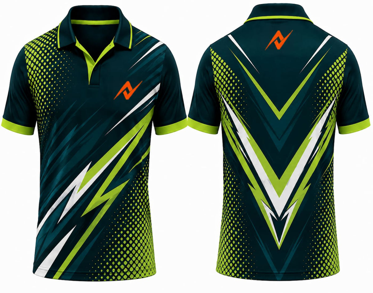 Premium dark teal and lime green cricket jersey front and back with orange logo on side chest and upper back, V-neck polo collar sublimation sports jersey