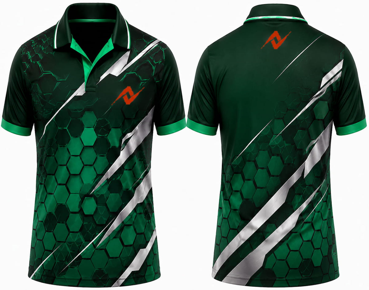 Premium emerald green Hex Armor cricket jersey front and back with orange logo on left chest and upper back, V-neck polo collar sublimation sports jersey