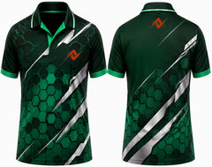 Premium emerald green Hex Armor cricket jersey front and back with orange logo on left chest and upper back, V-neck polo collar sublimation sports jersey