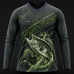 Premium black fishing performance shirt with topographic contour graphics and fish splash artwork, UV 50+ long sleeve tactical angler jersey for men.