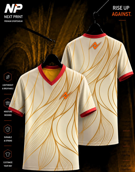 Premium white and gold wave V-neck sublimation sports jersey with custom logo for cricket, esports, volleyball, and team uniforms.